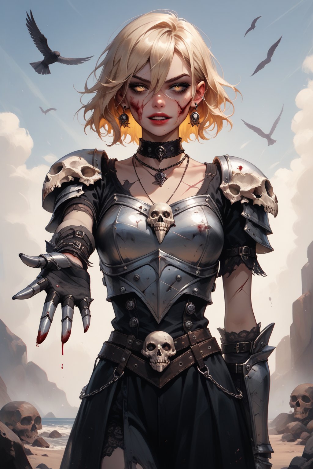 , (score_9_up), score_8_up, score_7_up,score_6_up,  goldcan+, gothic, pendant choker, (armored dress:0.8), silver armor, piercing, rose, star \(sky\), rock, sand, stone, gloom, death, blood, half-closed eyes, scar on face, standing, gauntlets, open mouth, light smile, looking at viewer, mouth mask, skull, reaching towards viewer, beak_mask, cowboy shot, yellow hair, short hair, hair between eyes, yellow eyes