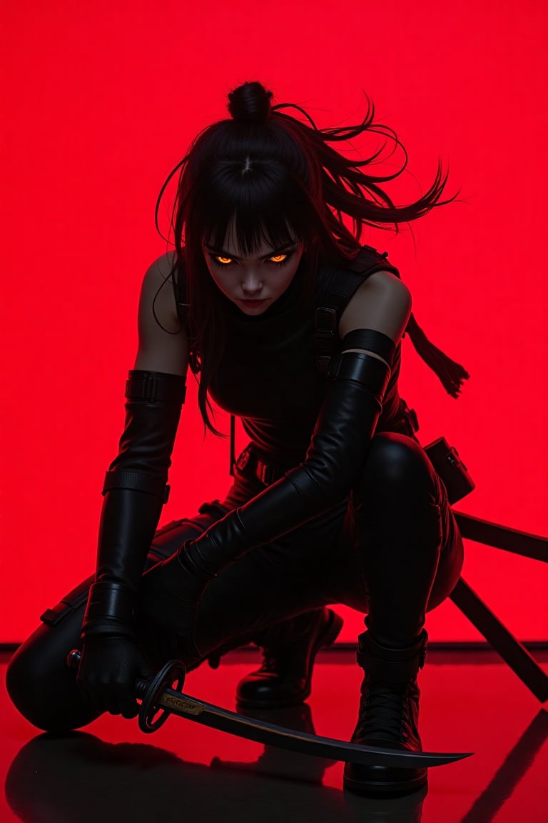 Anime,  A cyberpunk warrior crouches in a dynamic pose against a vivid red background. The character wears a sleek black t...