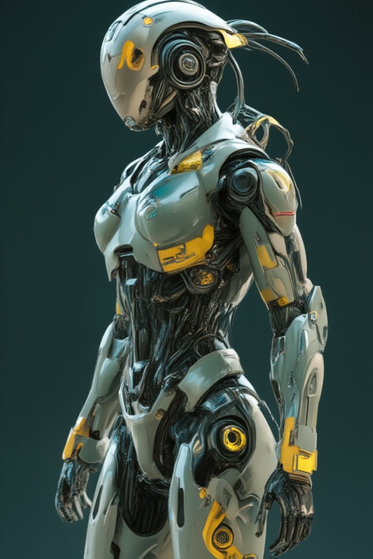 Create a side profile of a futuristic mecha polymer cyborg warrior, with a body made of glossy, shiny synthetic materials and intricately designed porcelain elements. green and yellow colors sceme, The design should highlight the contrast between the sleek, advanced mechanical parts and the delicate porcelain, with glowing lines and geometric accents. The overall look should be strong yet elegant, blending the fragility of porcelain with the power and durability of a cybernetic warrior, all presented in a typography style with bold, clean shapes