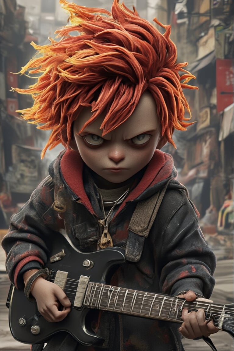 best quality, ultra-realistic render detailed, full body 5d chibi character, boy with long glowing luminous red yellow hair holding a guitar, fierce expression, dramatic lighting, intense gaze, urban environment, textured background, atmospheric perspective, monochromatic color scheme, smoky ambiance, streetwear fashion, vivid and vibrant colors, sharp fine, trending on artstation, white plain background