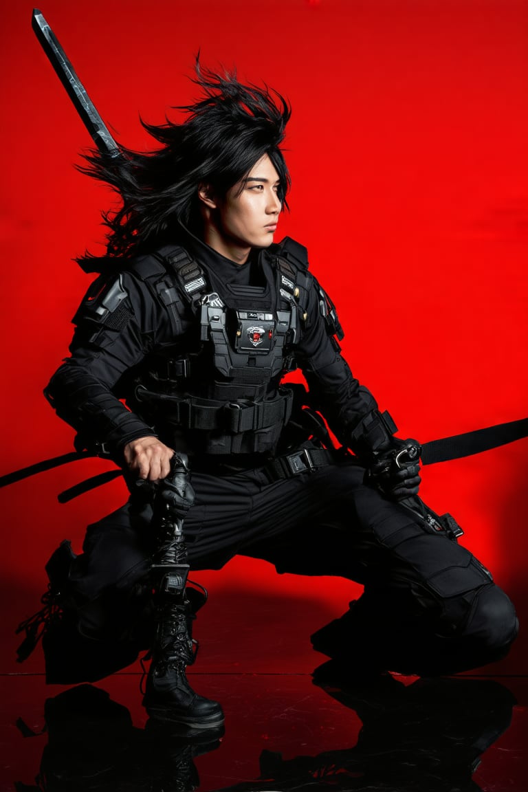 Anime,  A cyberpunk warrior crouches in a dynamic pose against a vivid red background. The character wears a sleek black t...