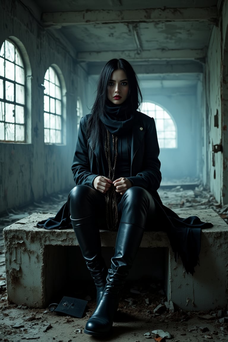 hyperrealistic, hdr photo, photography shot, a scene featuring a muslim gothic female musician with full black hijab, seated on a concrete platform in an abandoned, misty, and dimly lit building. She is holding a sleek, black electric guitar and is dressed in an edgy black leather outfit, including a jacket, tight pants, and high-heeled boots. Her dark makeup and long, straight hair give her a mysterious, rebellious aura. realistic detailed, sharp focus, The background shows a decaying industrial setting with arched windows and diffuse light streaming in, adding to the eerie and intense atmosphere, vivid and vibrant, intricated detailed, trending on artstation, trending on artstation, sharp focus, studio photo, intricate details, highly detailed, by greg rutkowski