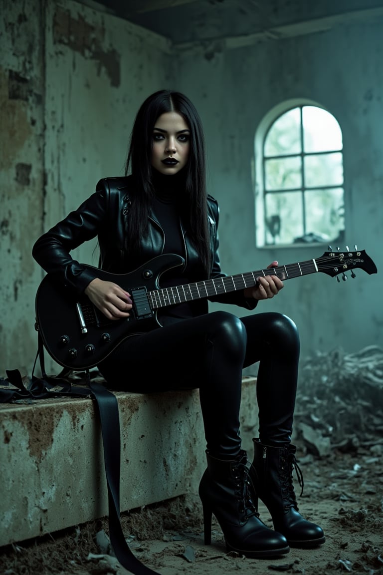 hyperrealistic, hdr photo, photography shot, a scene featuring a muslim gothic female musician with full black hijab, seated on a concrete platform in an abandoned, misty, and dimly lit building. She is holding a sleek, black electric guitar and is dressed in an edgy black leather outfit, including a jacket, tight pants, and high-heeled boots. Her dark makeup and long, straight hair give her a mysterious, rebellious aura. realistic detailed, sharp focus, The background shows a decaying industrial setting with arched windows and diffuse light streaming in, adding to the eerie and intense atmosphere, vivid and vibrant, intricated detailed, trending on artstation, trending on artstation, sharp focus, studio photo, intricate details, highly detailed, by greg rutkowski