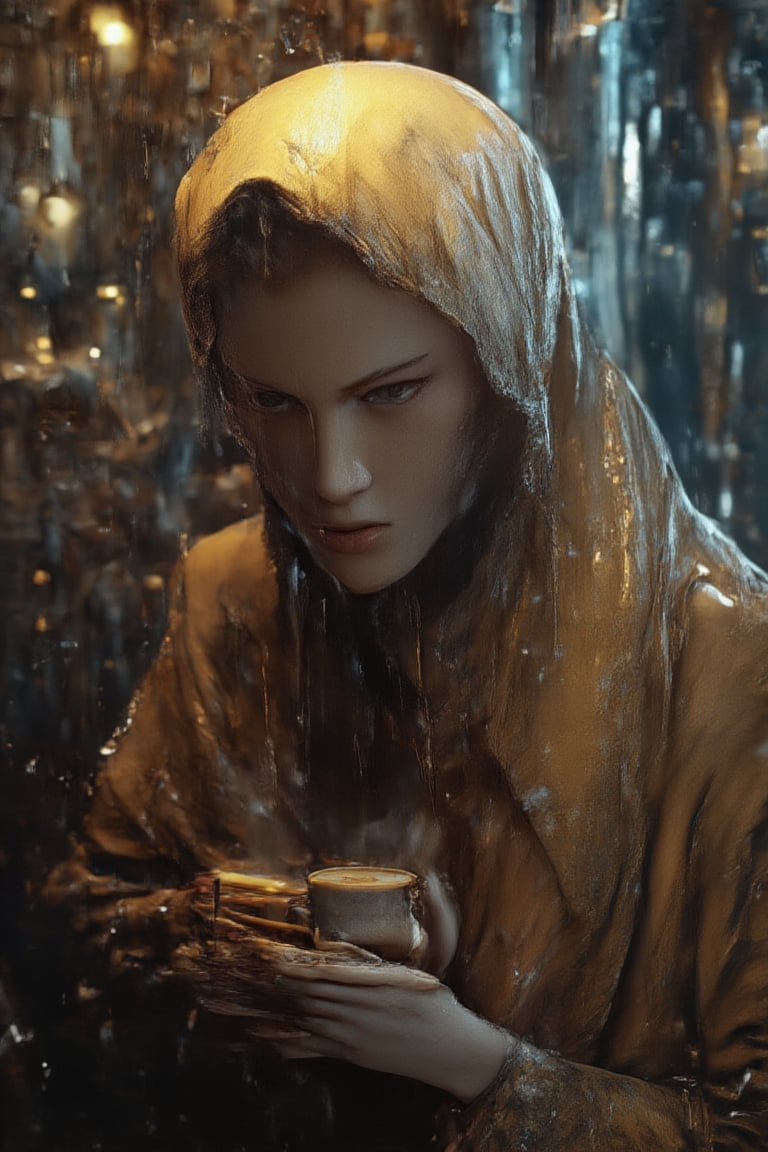 hyperrealistic, hdr photo, wide angle view, view form outside a glass window, a cafe, in the heavy rain, highly detailed, behind the window there is a girl, in full hijab, melancholic face, holding a cup of hot coffee, smoky, face bathed in the light of a dim lamp from in cafe, realistic detailed, fine clear, sharp focus, trending on artstation