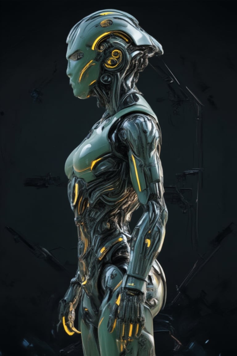 Create a side profile of a futuristic mecha polymer cyborg warrior, with a body made of glossy, shiny synthetic materials and intricately designed porcelain elements. green and yellow colors sceme, The design should highlight the contrast between the sleek, advanced mechanical parts and the delicate porcelain, with glowing lines and geometric accents. The overall look should be strong yet elegant, blending the fragility of porcelain with the power and durability of a cybernetic warrior, all presented in a typography style with bold, clean shapes