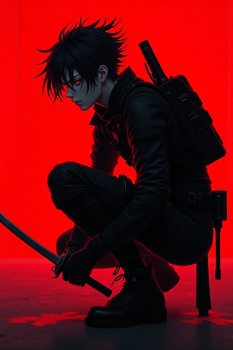 Anime,  A cyberpunk warrior crouches in a dynamic pose against a vivid red background. The character wears a sleek black t...