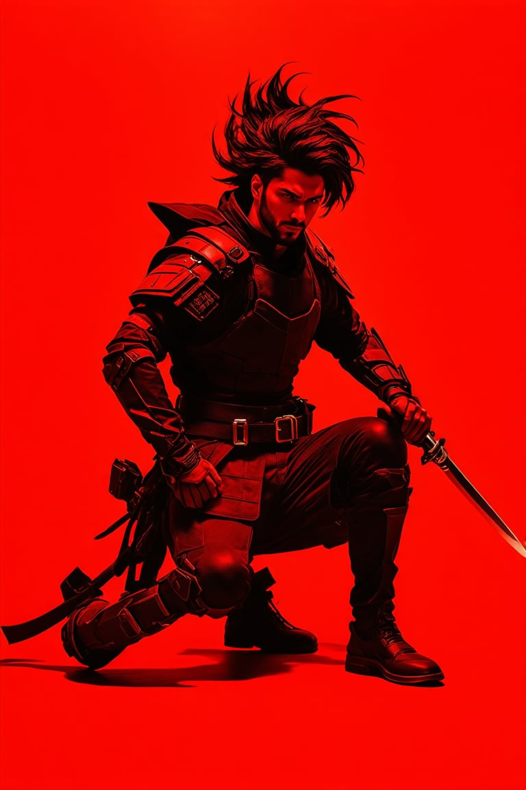 A cyberpunk warrior crouches in a dynamic pose against a vivid red background. The character wears a sleek black tactical...