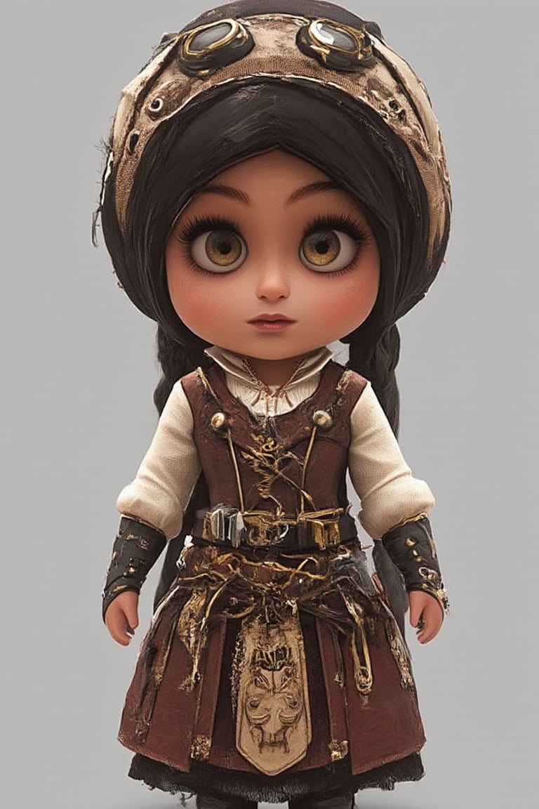 The prompt for this image was:

Create a 3D chibi girl with large, expressive eyes and a cute, exaggerated head-to-body ratio. She is dressed in detailed steampunk attire, featuring a brown leather corset, a ruffled white blouse, and a layered skirt with gear and clockwork patterns. Her accessories include small brass goggles resting on her head, fingerless gloves, and a tiny belt with metallic gadgets hanging from it. The overall style combines Victorian-era fashion with steampunk elements, such as brass gears, leather straps, and metallic accents, giving the character a charming and whimsical look