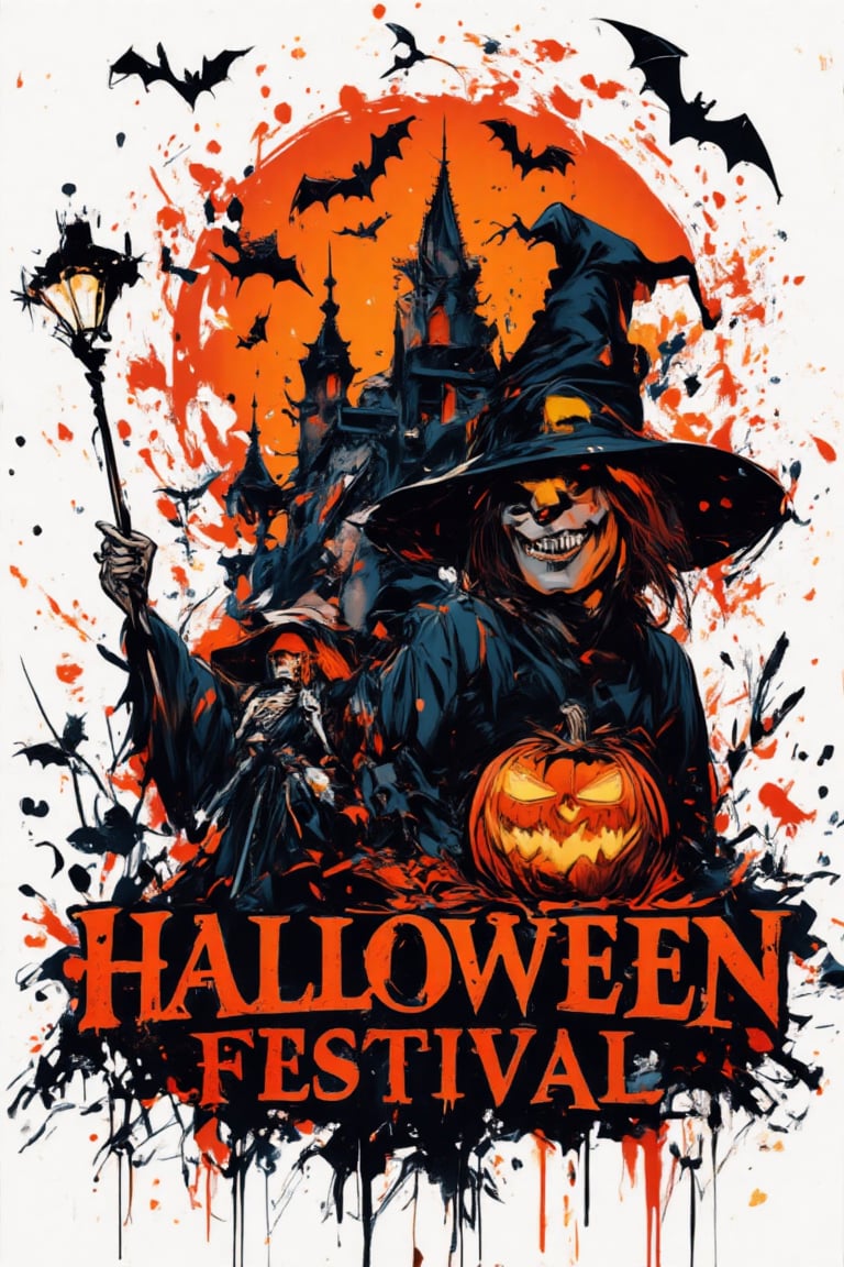 minimalist poster "HALLOWEEN FESTIVAL" with stylish fonts in the middle of the image, RAW effect, eerie effect, scarry, orange and black colors sceme, closed up, big orange pumpkin carved with a scary face, background of flying bats, witch with her broom, skeleton, dark castle, must be in logo style, vivid and vibrant colors, sharp focus, fine clear, realistic render, detailed and accurate, white background