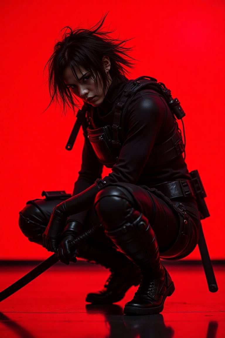 A cyberpunk warrior crouches in a dynamic pose against a vivid red background. The character wears a sleek black tactical...