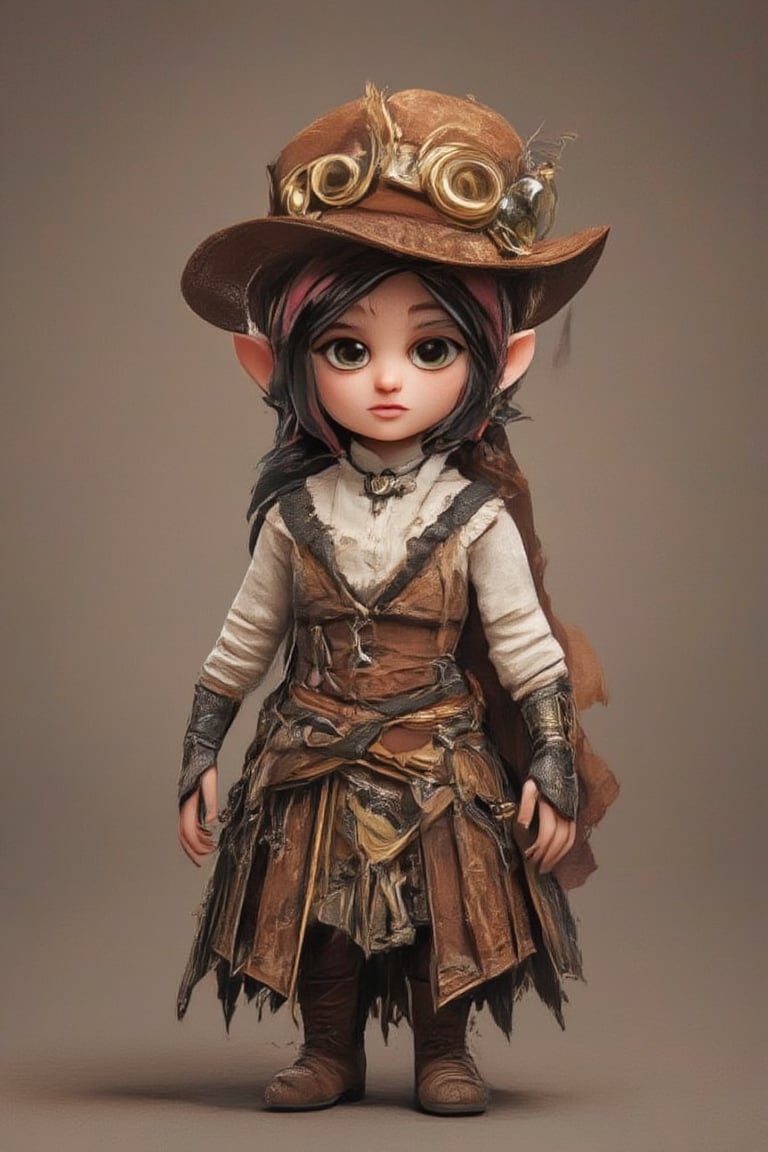 The prompt for this image was:

Create a 3D chibi girl with large, expressive eyes and a cute, exaggerated head-to-body ratio. She is dressed in detailed steampunk attire, featuring a brown leather corset, a ruffled white blouse, and a layered skirt with gear and clockwork patterns. Her accessories include small brass goggles resting on her head, fingerless gloves, and a tiny belt with metallic gadgets hanging from it. The overall style combines Victorian-era fashion with steampunk elements, such as brass gears, leather straps, and metallic accents, giving the character a charming and whimsical look