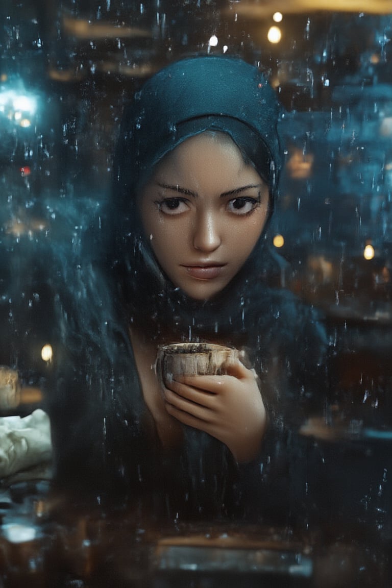 hyperrealistic, hdr photo, wide angle view, view form outside a glass window, a cafe, in the heavy rain, highly detailed, behind the window there is a girl, in full hijab, melancholic face, holding a cup of hot coffee, smoky, face bathed in the light of a dim lamp from in cafe, realistic detailed, fine clear, sharp focus, trending on artstation