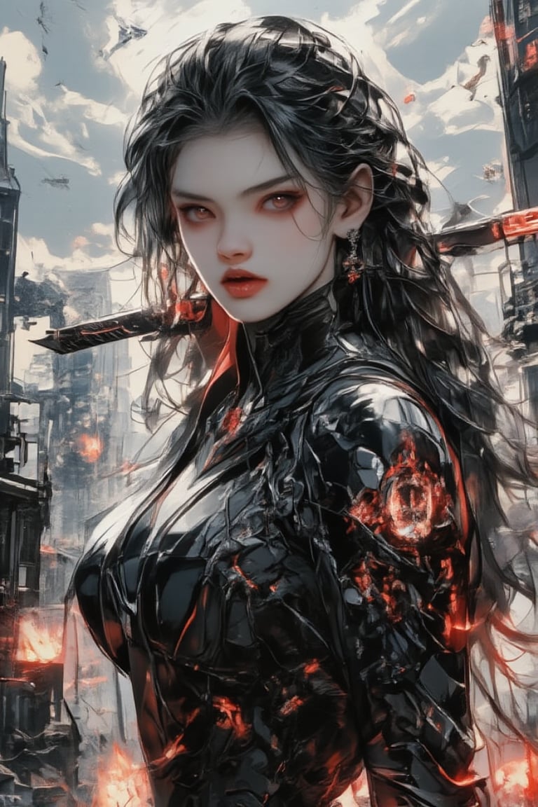 A fierce cyberpunk swordswoman in a dystopian cityscape, wielding two glowing red-edged katanas. She has long, flowing dark hair, piercing red eyes, and wears a sleek, black tactical outfit with futuristic armor. Her dynamic pose suggests she's mid-battle, surrounded by flying debris and red energy shards. The background shows a futuristic skyline filled with tall, shadowy skyscrapers under a cloudy sky, evoking a tense, post-apocalyptic atmosphere. The contrast between the dark setting and the glowing red elements gives the image an intense, high-energy feel