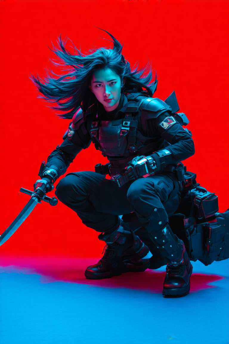 Anime,  A cyberpunk warrior crouches in a dynamic pose against a vivid red background. The character wears a sleek black t...