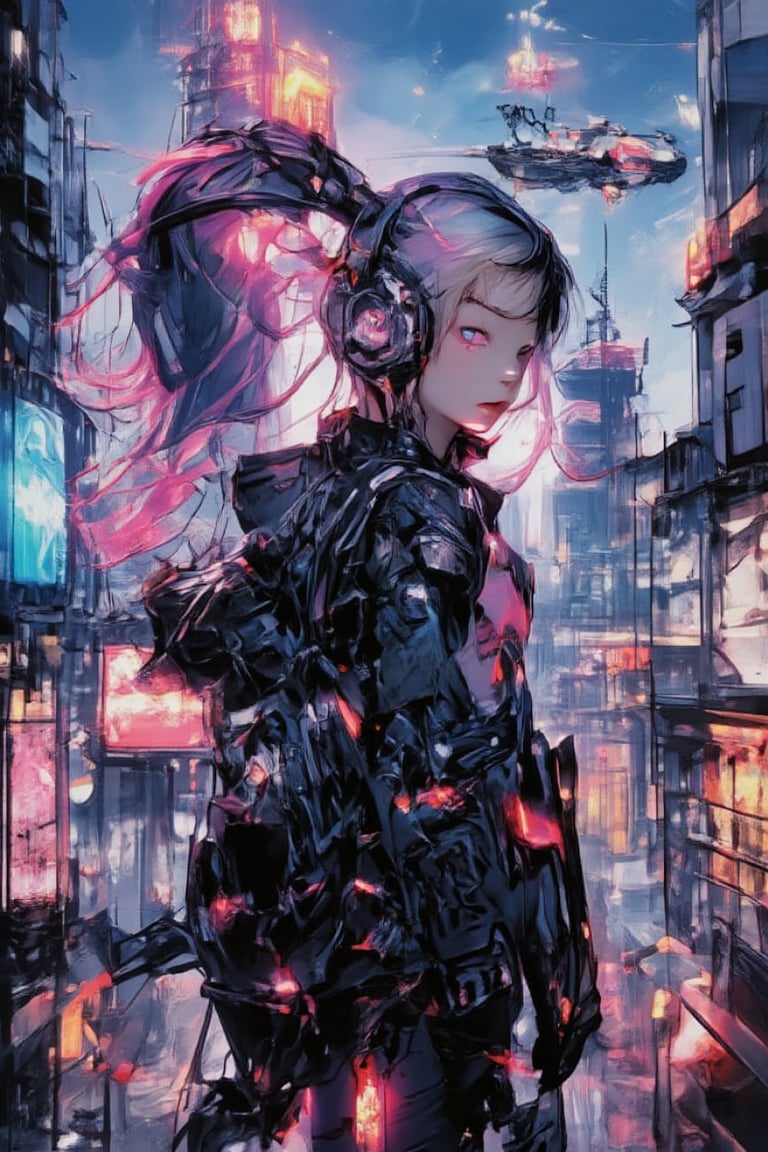 A cyberpunk anime-style girl with futuristic headphones, standing in a neon-lit city. She has vibrant, colorful hair, like pink and purple, styled in a sleek and edgy cut. Her eyes glow slightly, matching the neon colors around her. She wears a high-tech outfit with illuminated details, featuring a mix of leather, metal, and synthetic materials. The background shows a bustling cityscape with towering skyscrapers, holographic ads, and flying vehicles, vivid and vibrant, sharp focus