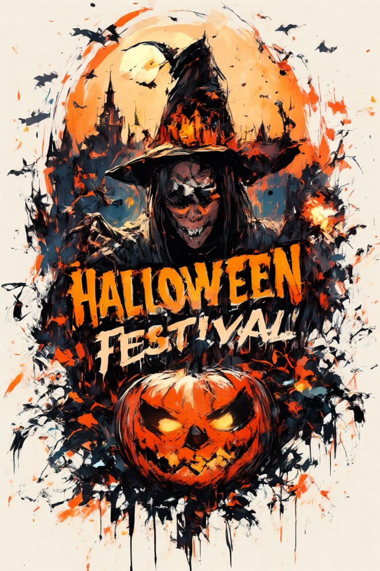 minimalist poster "HALLOWEEN FESTIVAL" with stylish fonts in the middle of the image, RAW effect, eerie effect, scarry, orange and black colors sceme, closed up, big orange pumpkin carved with a scary face, background of flying bats, witch with her broom, skeleton, dark castle, must be in logo style, vivid and vibrant colors, sharp focus, fine clear, realistic render, detailed and accurate, white background