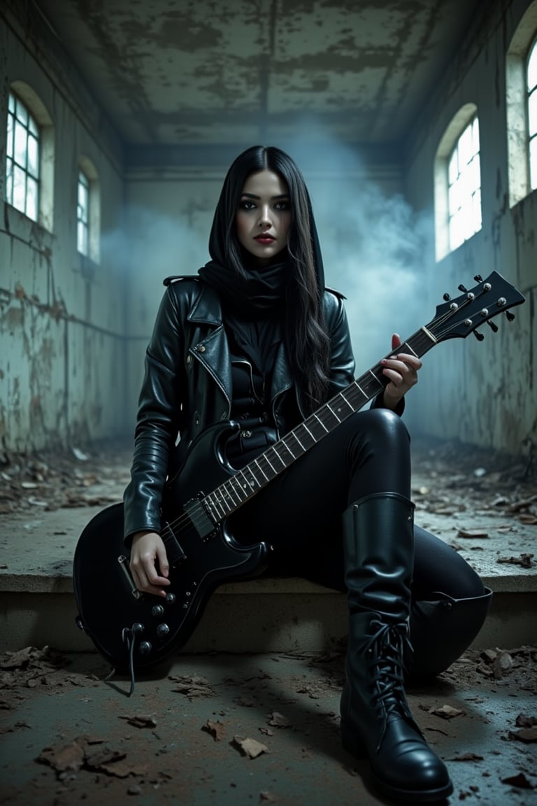 hyperrealistic, hdr photo, photography shot, a scene featuring a muslim gothic female musician with full black hijab, seated on a concrete platform in an abandoned, misty, and dimly lit building. She is holding a sleek, black electric guitar and is dressed in an edgy black leather outfit, including a jacket, tight pants, and high-heeled boots. Her dark makeup and long, straight hair give her a mysterious, rebellious aura. realistic detailed, sharp focus, The background shows a decaying industrial setting with arched windows and diffuse light streaming in, adding to the eerie and intense atmosphere, vivid and vibrant, intricated detailed, trending on artstation, trending on artstation, sharp focus, studio photo, intricate details, highly detailed, by greg rutkowski