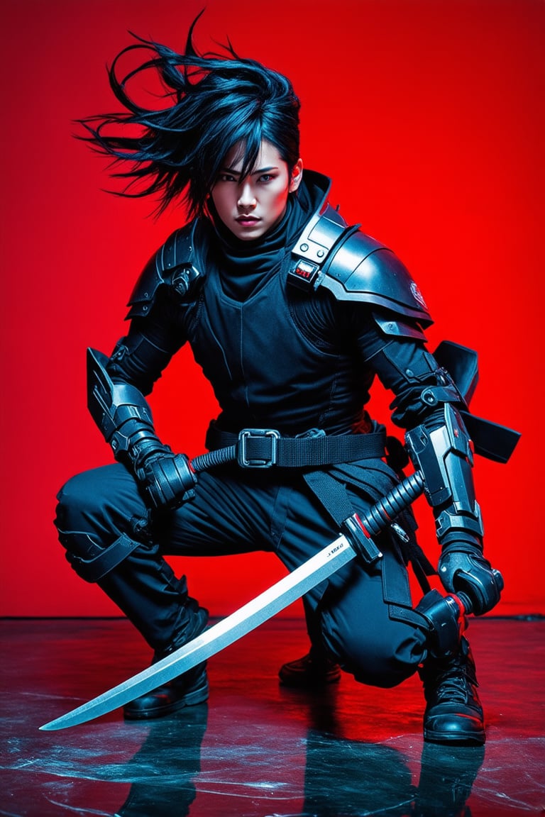 A cyberpunk warrior crouches in a dynamic pose against a vivid red background. The character wears a sleek black tactical...