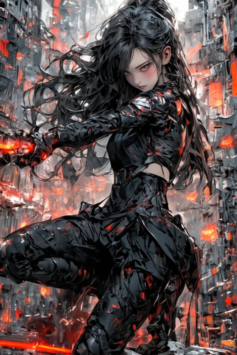 A fierce cyberpunk swordsman in a dystopian cityscape, wielding two glowing red-edged katanas. She has long, flowing dark hair, piercing red eyes, and wears a sleek, black tactical outfit with futuristic armor. Her dynamic pose suggests she's mid-battle, surrounded by flying debris and red energy shards. The background shows a futuristic skyline filled with tall, shadowy skyscrapers under a cloudy sky, evoking a tense, post-apocalyptic atmosphere. The contrast between the dark setting and the glowing red elements gives the image an intense, high-energy feel