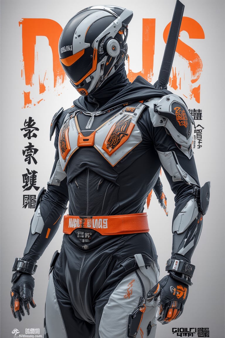 The prompt for this image was:

Side profile, mecha ninja, futuristic design, white and orange color scheme, high contrast lighting, highly detailed mechanical textures, sleek and glossy surfaces, intricate components, bold Dripping typography 'DAUS' focus on the below, kanji text on background, Romans text, sci-fi aesthetic, dynamic composition, poster art, digital art style, sharp and precise lines, modern and high-tech appearance, visually striking.