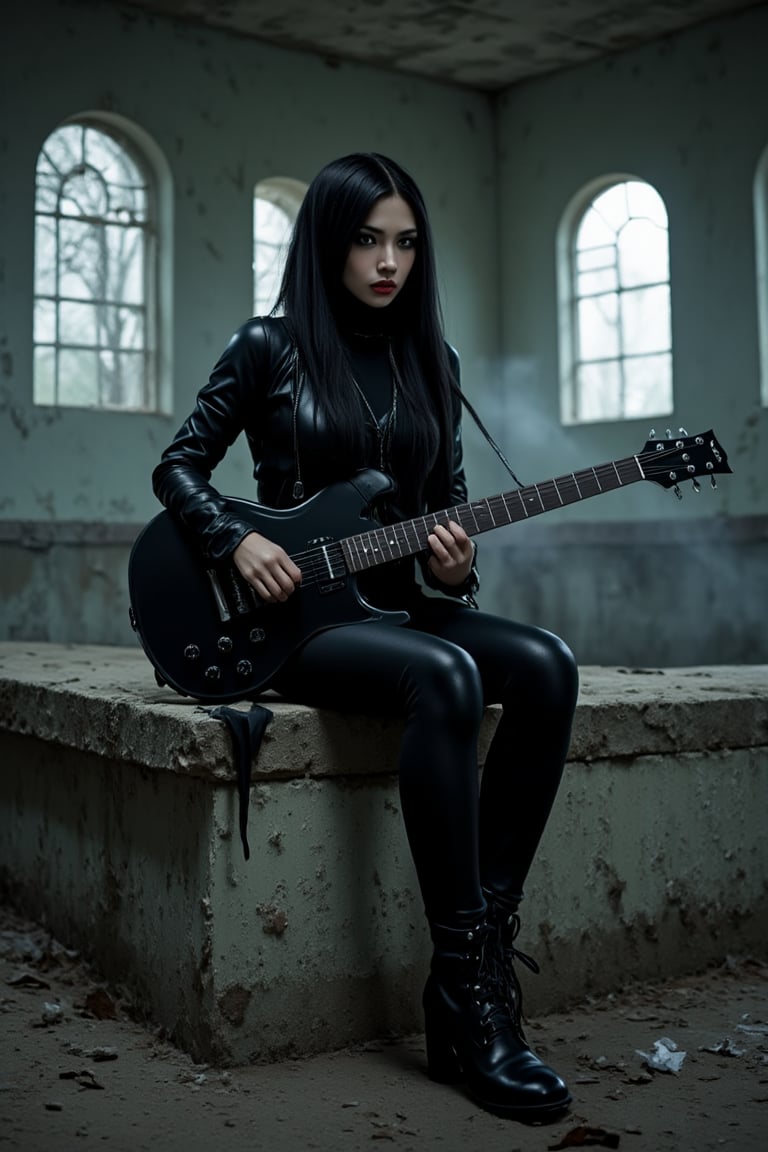 hyperrealistic, hdr photo, photography shot, a scene featuring a muslim gothic female musician with full black hijab, seated on a concrete platform in an abandoned, misty, and dimly lit building. She is holding a sleek, black electric guitar and is dressed in an edgy black leather outfit, including a jacket, tight pants, and high-heeled boots. Her dark makeup and long, straight hair give her a mysterious, rebellious aura. realistic detailed, sharp focus, The background shows a decaying industrial setting with arched windows and diffuse light streaming in, adding to the eerie and intense atmosphere, vivid and vibrant, intricated detailed, trending on artstation, trending on artstation, sharp focus, studio photo, intricate details, highly detailed, by greg rutkowski