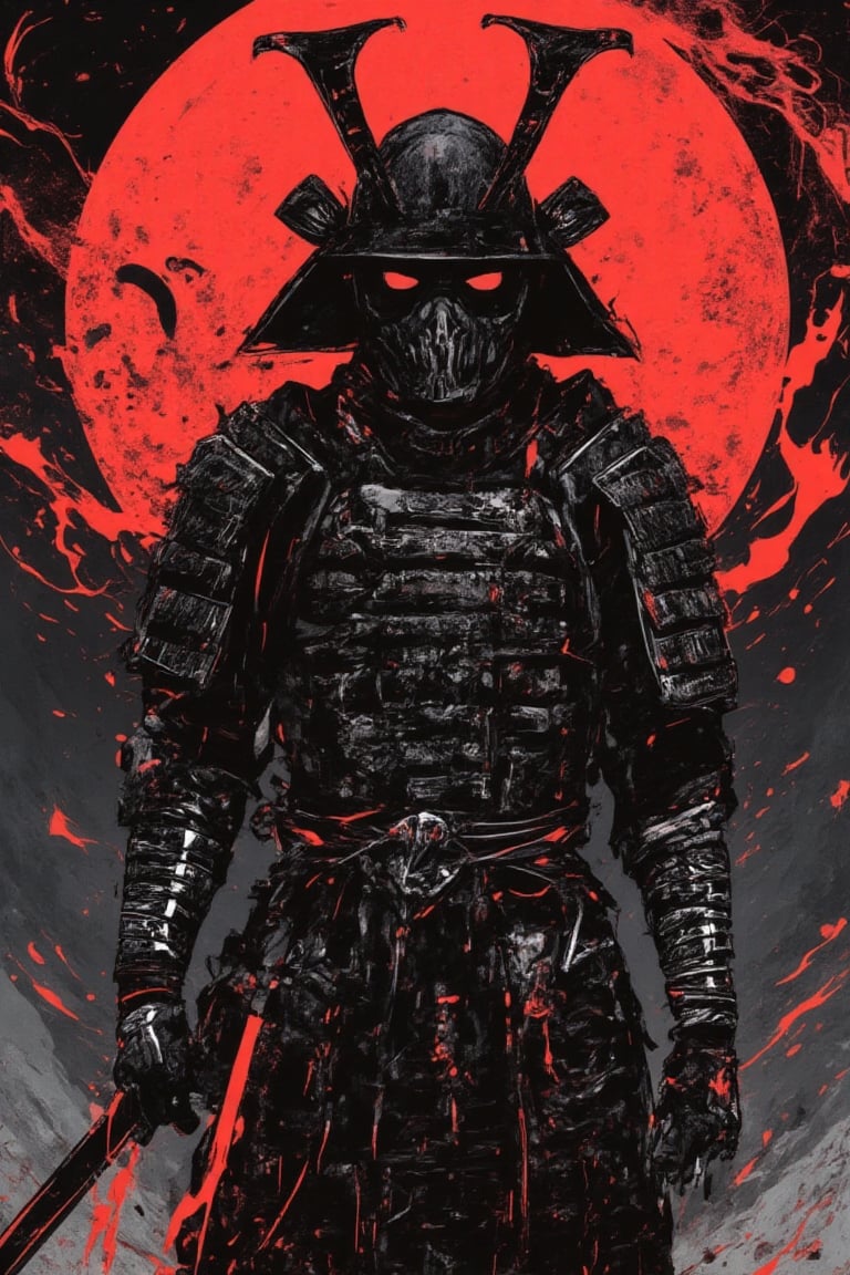 caligraphy art, oil ink painitng, A fierce samurai warrior standing in front of a massive red moon. The samurai is clad in black and white armor with intricate engravings, highlighted by red cords tied around various parts of the armor. His helmet has sharp, menacing horns, and his face is hidden by a traditional mask. The warrior grips a katana in a battle-ready stance, with splashes of red liquid scattered around him. The background features a stormy, dark sky, with swirling black and red clouds, creating an intense and ominous atmosphere. The overall mood is one of power, darkness, and mystery
