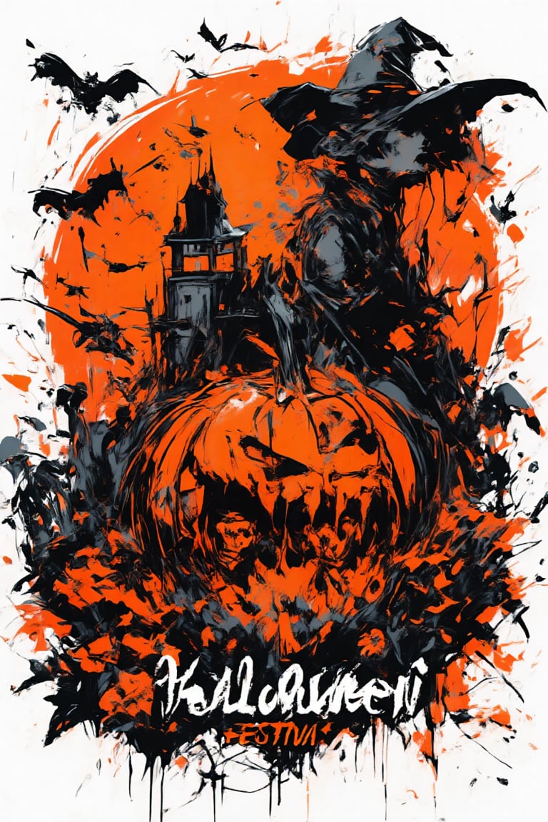 minimalist poster "HALLOWEEN FESTIVAL" with stylish fonts in the middle of the image, RAW effect, eerie effect, scarry, orange and black colors sceme, closed up, big orange pumpkin carved with a scary face, background of flying bats, witch with her broom, skeleton, dark castle, must be in logo style, vivid and vibrant colors, sharp focus, fine clear, realistic render, detailed and accurate, white background