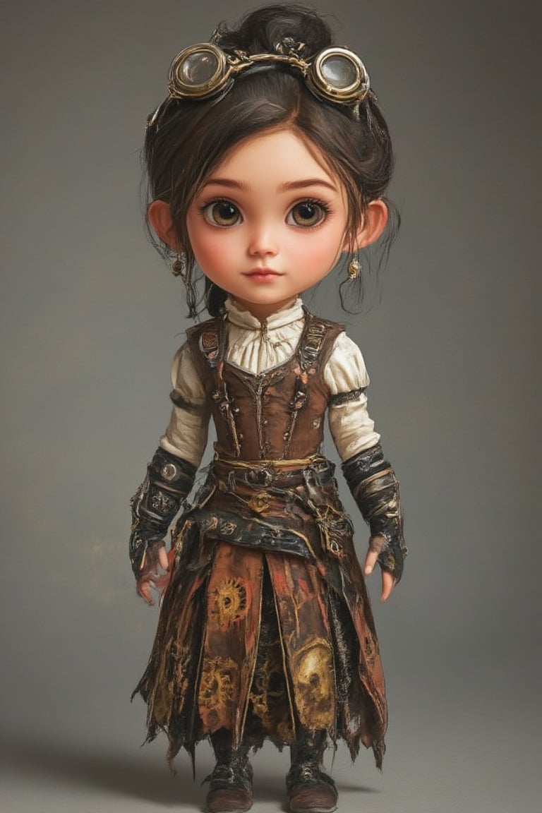 The prompt for this image was:

Create a 3D chibi girl with large, expressive eyes and a cute, exaggerated head-to-body ratio. She is dressed in detailed steampunk attire, featuring a brown leather corset, a ruffled white blouse, and a layered skirt with gear and clockwork patterns. Her accessories include small brass goggles resting on her head, fingerless gloves, and a tiny belt with metallic gadgets hanging from it. The overall style combines Victorian-era fashion with steampunk elements, such as brass gears, leather straps, and metallic accents, giving the character a charming and whimsical look