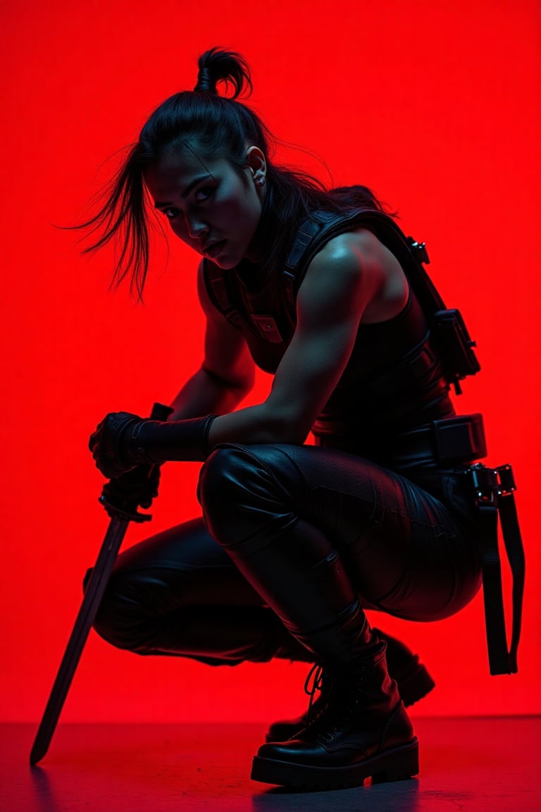 A cyberpunk warrior crouches in a dynamic pose against a vivid red background. The character wears a sleek black tactical...