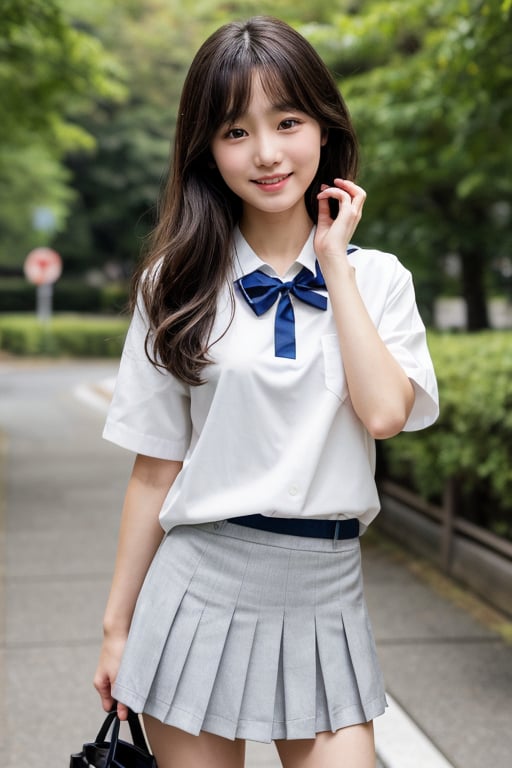 Create a highly realistic full-body image of a young Korean girl in Japan. She should be wearing a traditional summer unif...