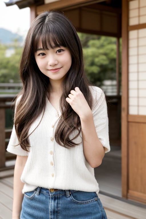 Create a highly realistic full-body image of a young 13yo girl in Japan. She should have natural human features,  includin...