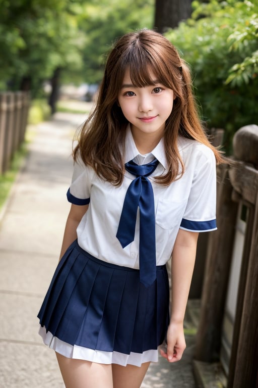 Create a highly realistic full-body image of a young female student in Japan. She should be wearing a traditional summer u...