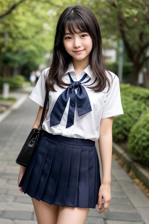 Create a highly realistic full-body image of a young female student in Japan. She should be wearing a traditional summer u...