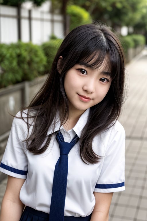 Create a highly realistic full-body image of a young female student in Japan. She should be wearing a traditional summer u...