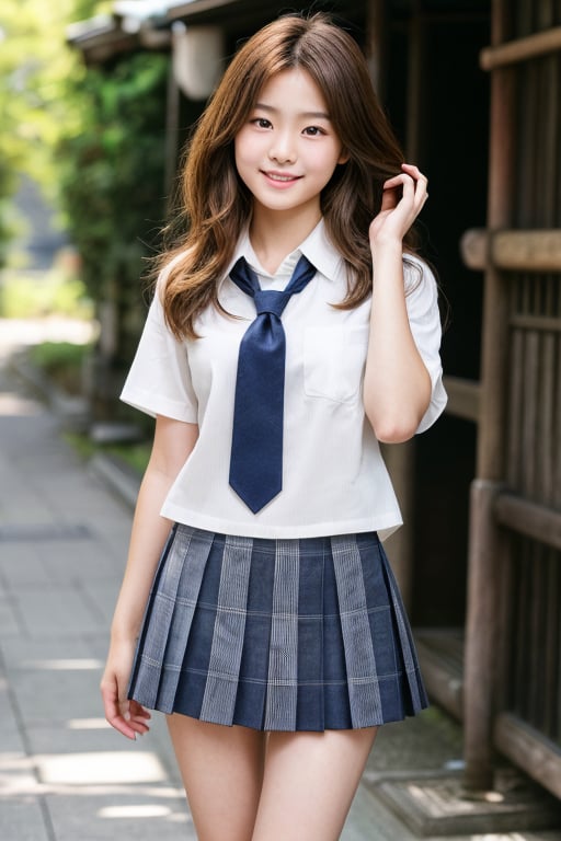 Create a highly realistic full-body image of a young female student in Japan. She should be wearing a traditional summer u...