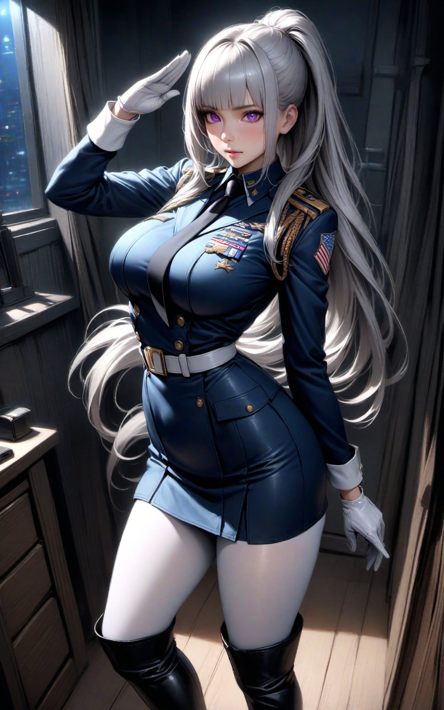 realistic, masterpiece, best quality, 4k, best resolution, high precision, ultra detailed, detailed background, very aesthetic, color correction, lighting settings, harmonious composition, intricate details, absurdres

very beautiful, fit body, long hair, silver hair, shiny hair, hair over shoulders, blunt bangs, high ponytail, purple eyes, blue USA military uniform, white pantyhose, long sleeves, short skirt, black tie, white pantyhose, white gloves, white belt, white cuffs, (black knee-high boots:1.4), full body, big breasts, looking at viewer, standing straight, arched back, left hand salute, right arm behind back, from slightly above, embarrassed, inside bedroom at night, full body shot,