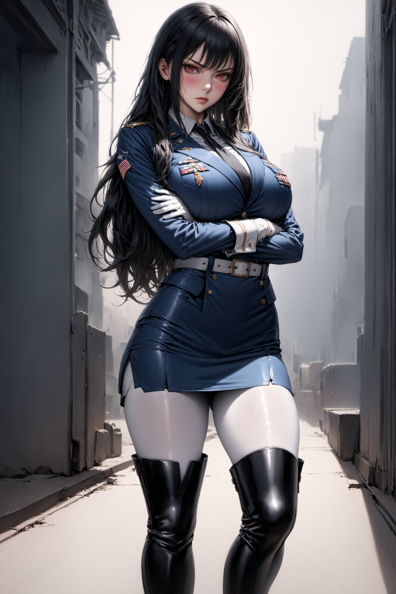 realistic, masterpiece, best quality, ultra-detailed, very aesthetic, illustration, perfect composition, intricate details, absurdres,

1 girl, very beautiful, fit body, long hair, black hair, shiny hair, hair over shoulders, sidelocks, crimson eyes, blue USA military uniform, long sleeves, short pencil skirt, white pantyhose, black tie, white pantyhose, white gloves, white belt, (white cuffs), (black knee-high boots:1.4), big breasts, glaring side at viewer, standing, arms folded, blush, (full body shot:1.8)