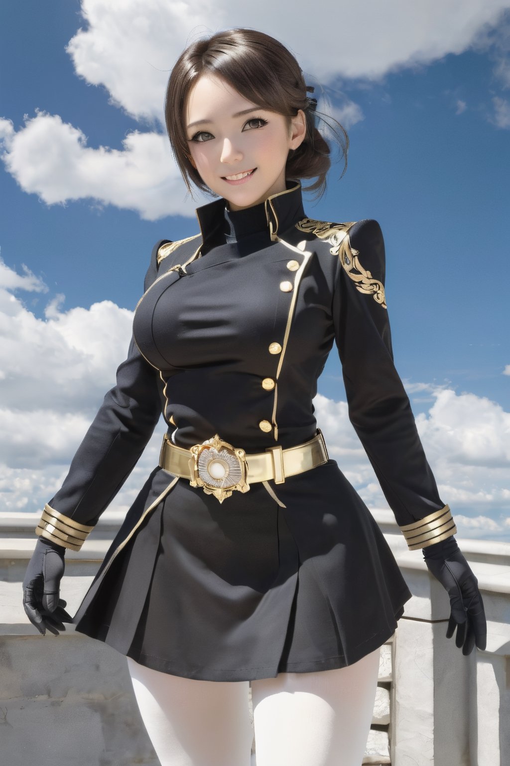 masterpiece, best quality,  iris midgar, (black coat, black uniform, long sleeves, gold trim, black skirt), white tights, belt, white gloves, black knee boots, full body, big breasts, looking at viewer, furrowed brow, smile, blue sky, clouds