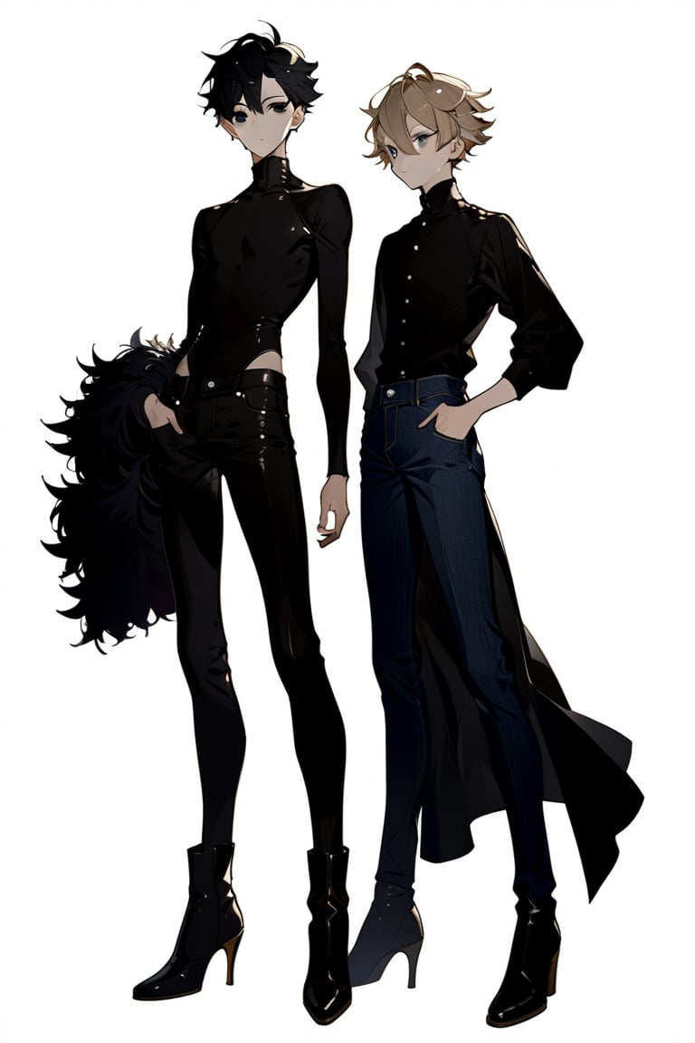 2_boys, A man with a feminine body, black eyes, really short hair, full body, simple background, white background, wearing skinny jeans, high-heeled boots, stylish, good body, full body, boy face, cropped, detailed face