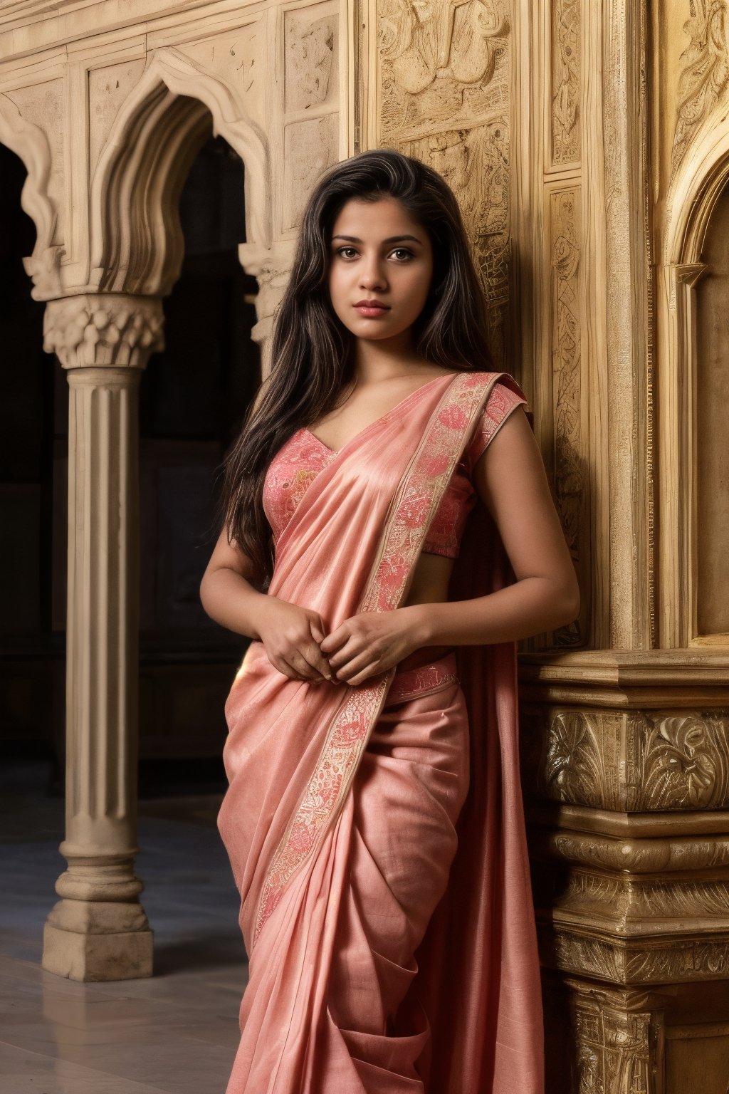 A model young Indian girl in traditional attire, her saree adorned with intricate embroidery and vibrant colors, standing in front of a majestic palace with ornate architecture, her gaze confident yet graceful, Photography, using a medium format camera for high-resolution detail, --ar 16:9 --v 5, photography, best quality, ultra quality, 8k UHD, 16k, 32k, cute slightly pink dress,SD 1.5