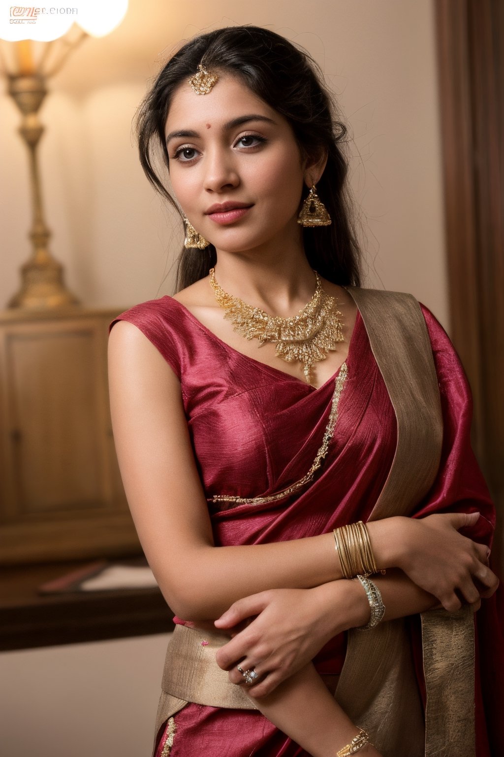 A studio portrait featuring a Kerala girl adorned in traditional jewelry, capturing the essence of Kerala's cultural heritage with meticulous attention to high-end details, the girl wearing intricately designed gold ornaments including necklaces, earrings, and bangles, each piece reflecting the rich craftsmanship and tradition of Kerala, the model's attire elegant and traditional, with vibrant colors and exquisite fabrics, the backdrop a blend of traditional elements and modern sophistication, Photography, high-resolution DSLR camera with a macro lens for capturing fine details, studio lighting setup with soft, directional light to accentuate the jewelry's brilliance, post-processing for UHD and 4K resolution, --ar 4:5 --v 5, photography, best quality, ultra quality, 8k UHD, 16k, 32k, cute slightly pink dress,SD 1.5