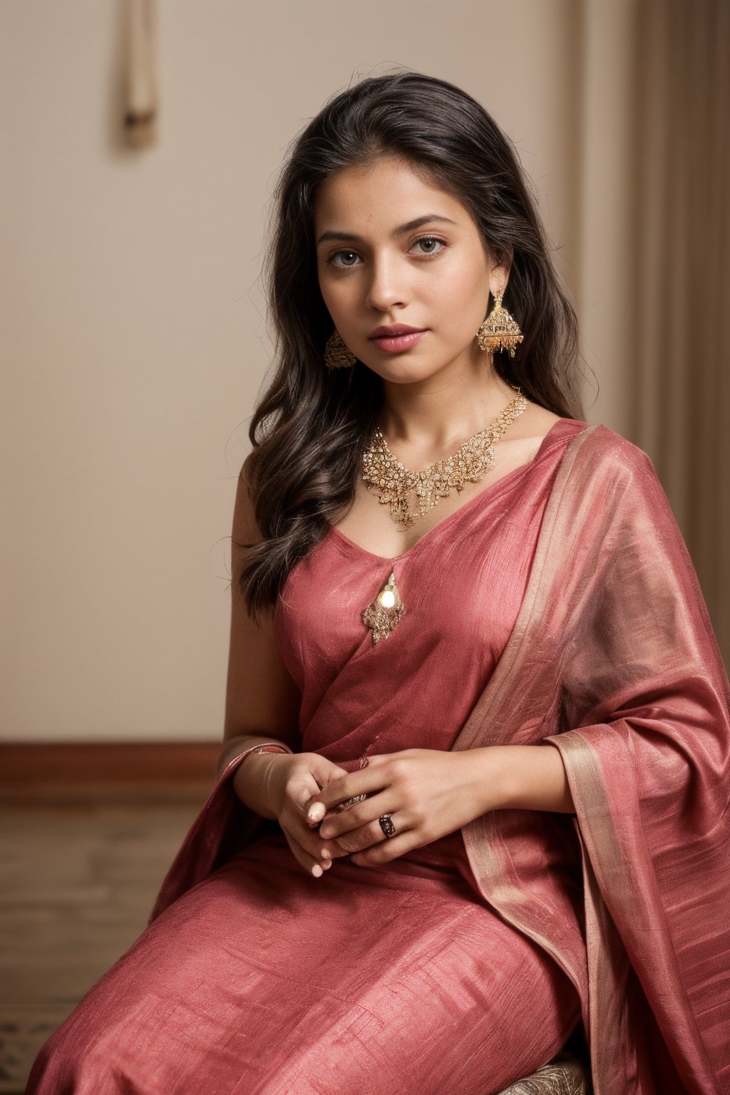 A studio portrait featuring a Kerala girl adorned in traditional jewelry, capturing the essence of Kerala's cultural heritage with meticulous attention to high-end details, the girl wearing intricately designed gold ornaments including necklaces, earrings, and bangles, each piece reflecting the rich craftsmanship and tradition of Kerala, the model's attire elegant and traditional, with vibrant colors and exquisite fabrics, the backdrop a blend of traditional elements and modern sophistication, Photography, high-resolution DSLR camera with a macro lens for capturing fine details, studio lighting setup with soft, directional light to accentuate the jewelry's brilliance, post-processing for UHD and 4K resolution, --ar 4:5 --v 5, photography, best quality, ultra quality, 8k UHD, 16k, 32k, cute slightly pink dress,SD 1.5