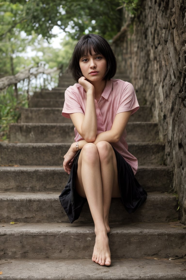 1girl, solo, short hair, shirt, black hair, dress, brown eyes, jewelry, sitting, short sleeves, outdoors, barefoot, day, tree, pink shirt, stairs