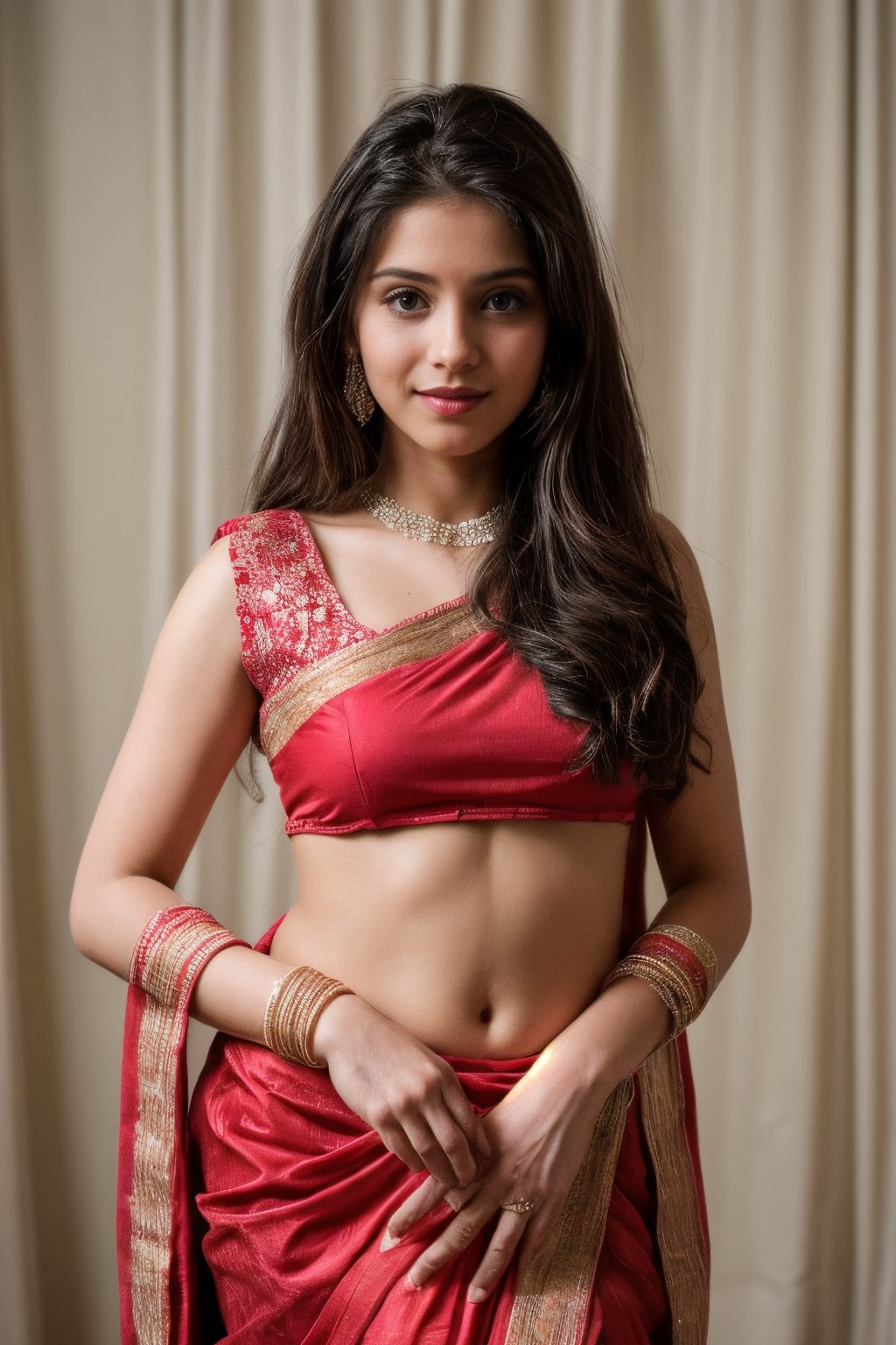 A half-body portrait of a young woman dressed in a traditional Indian bridal saree, the studio setting providing a clean and timeless backdrop to showcase her beauty and the intricate details of her attire, Photography, utilizing advanced camera equipment capable of capturing stunning detail in both UHD and 4K resolution, --ar 16:9 --v 5, photography, best quality, ultra quality, 8k UHD, 16k, 32k, cute slightly pink dress,SD 1.5