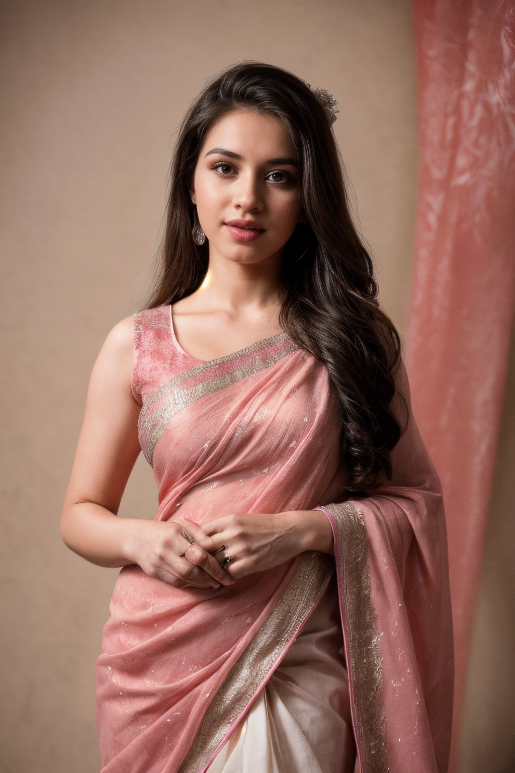 AA studio portrait of a bride adorned in traditional bridal saree, the half-body composition capturing the excitement and anticipation in her eyes, the studio backdrop adorned with floral motifs echoing the festive mood, Photography, utilizing high-resolution medium format equipment to preserve every intricate detail, --ar 16:9 --v 5, photography, best quality, ultra quality, 8k UHD, 16k, 32k, cute slightly pink dress,SD 1.5