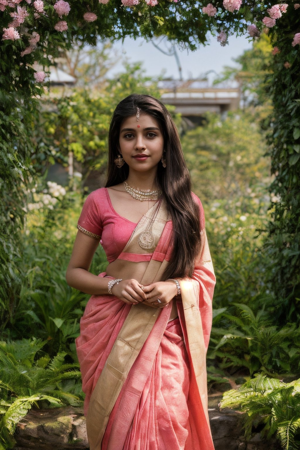  A modern Indian girl adorned in traditional Onam attire, vibrant colors of gold and white in her sari, intricate floral designs decorating her outfit, jasmine flowers adorning her hair, a serene garden backdrop with lush greenery and blooming flowers, evoking a sense of grace and elegance, Photography, DSLR camera with a 50mm prime lens, f/2.8 aperture, natural lighting, --ar 4:5 --v 5, photography, best quality, ultra quality, 8k UHD, 16k, 32k, cute slightly pink dress,SD 1.5