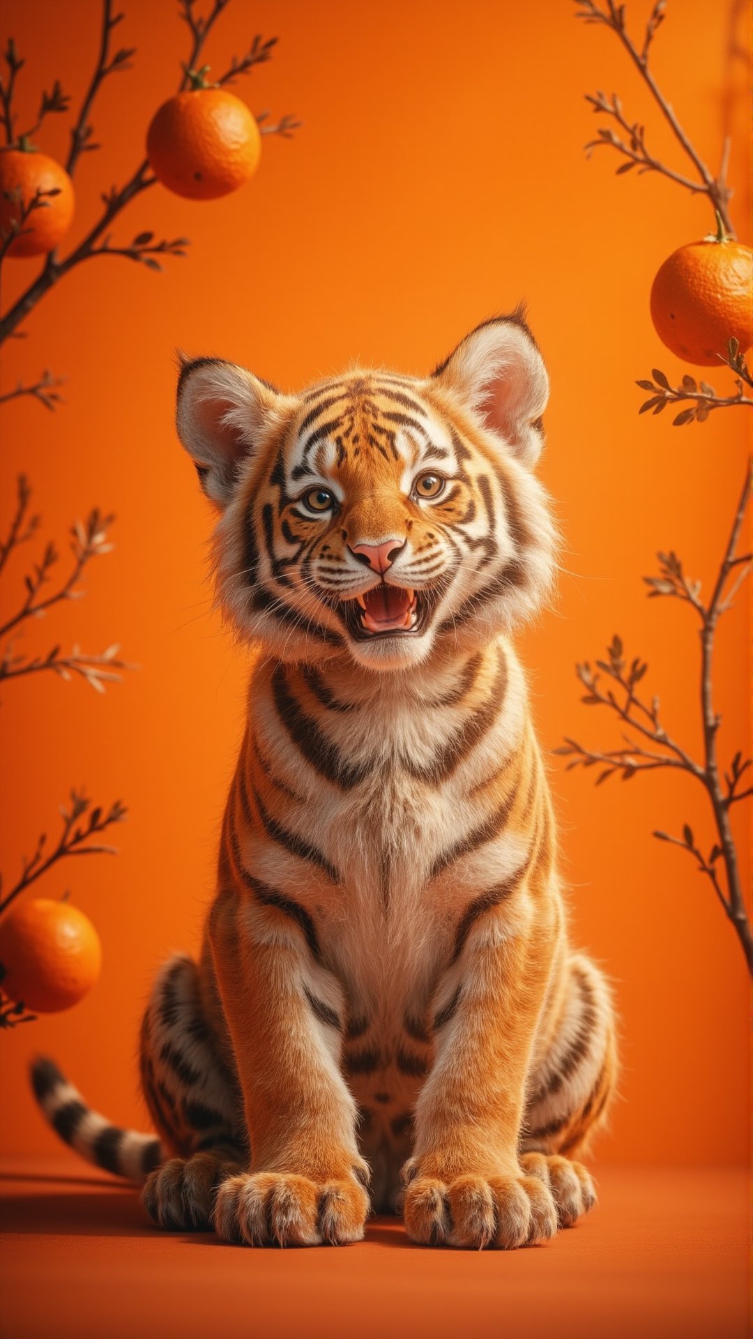 a beautiful fluffy little tiger, against an orange background, with beautiful orange branches hanging on the wall