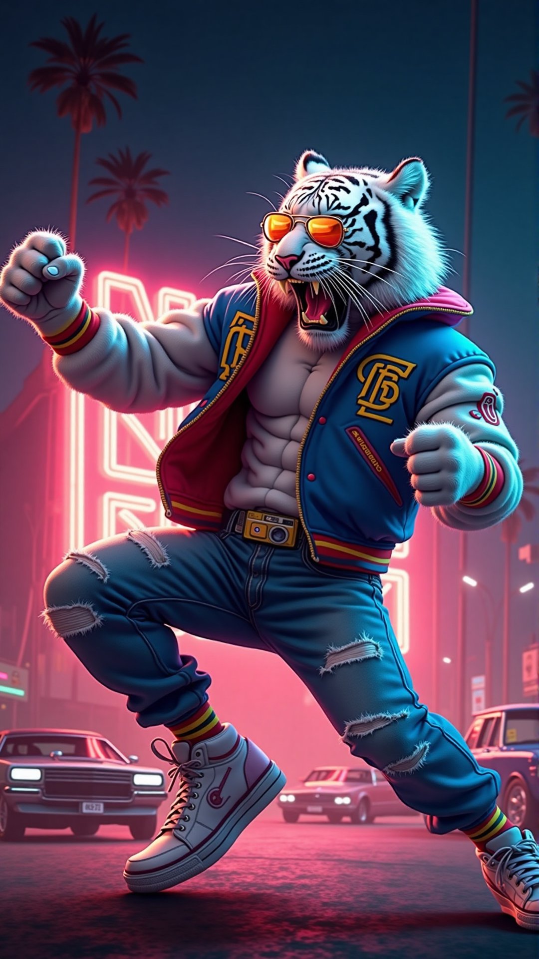 retrowave style: Anthropomorphic white tiger unleashing a ferocious roar,  muscles bulging in aggressive posture,  perform...