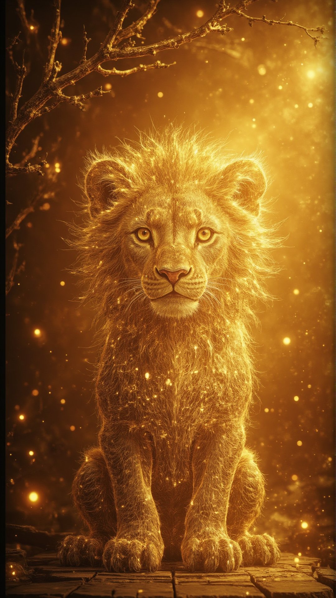 a beautiful fluffy little lion, against an golden background, with beautiful golden branches hanging on the wall