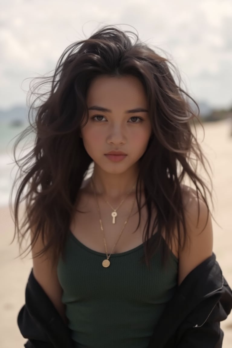 Captured from a low-angle perspective, a girl with long dark curly hair stands on a beach. She is wearing a dark green sleeveless tank top, a black jacket, and a gold necklace around her neck. The background is blurred, with the sand and water visible in the distance.,wonder beauty